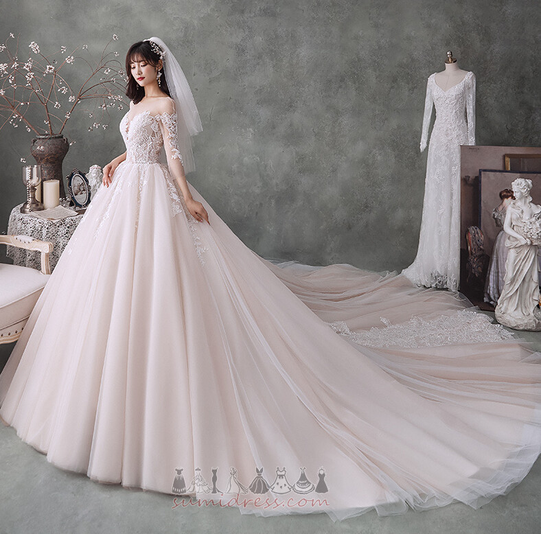 Applique Natural Waist Illusion Sleeves Long Long Sleeves Lace-up Wedding Dress