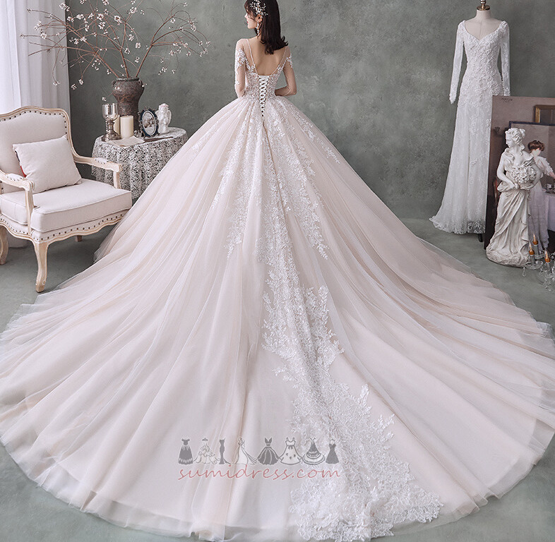 Applique Natural Waist Illusion Sleeves Long Long Sleeves Lace-up Wedding Dress