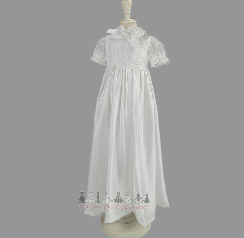 Applique Short Sleeves Formal Garland Balloon Sleeves Accented Bow Baptism Dress