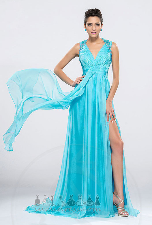 Ärmellos Vorne Geschlitzt Schleppe zu fegen Perlen Luxus A-Linie Partykleid