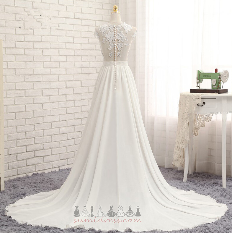 Ärmlös romantisk Appliqués Chiffong Juvel A-linjeformat Bröllopsklänning