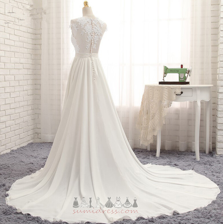 Ärmlös romantisk Appliqués Chiffong Juvel A-linjeformat Bröllopsklänning