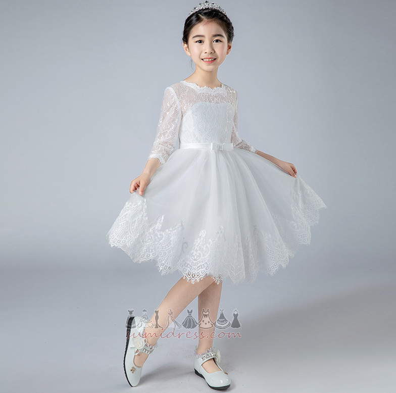 Backless Lace Knee Length Natural Waist Jewel 3/4 Length Sleeves Flower Girl Dress