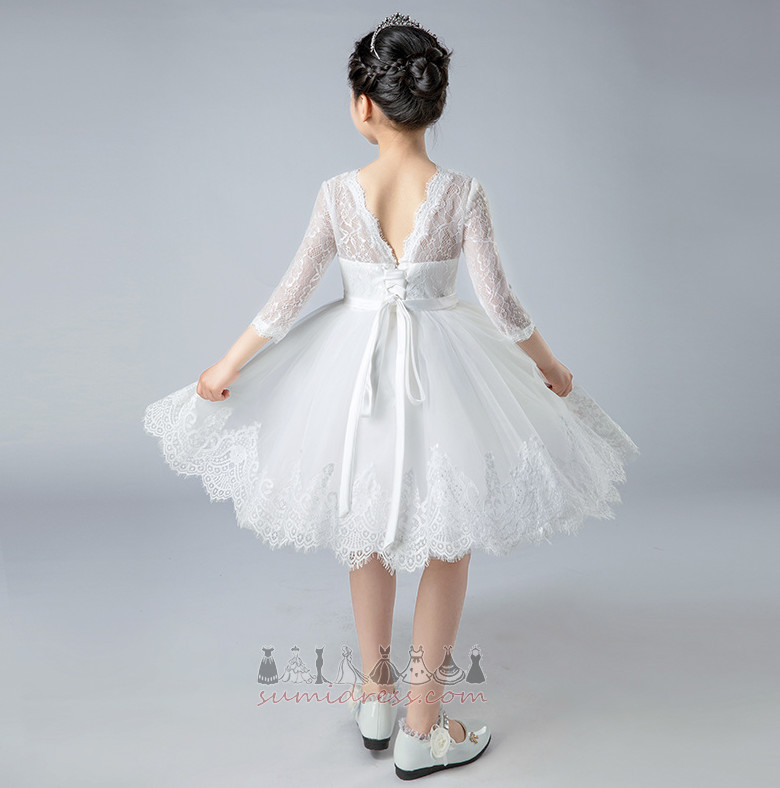 Backless Lace Knee Length Natural Waist Jewel 3/4 Length Sleeves Flower Girl Dress