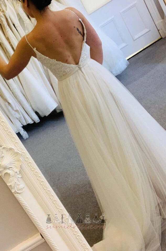 Backless Tulle Floor Length Deep v-Neck A-Line Lace Overlay Wedding Dress