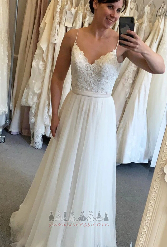 Backless Tulle Floor Length Deep v-Neck A-Line Lace Overlay Wedding Dress
