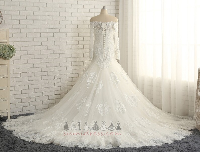 Baju pengantin Kereta Api Cathedral Mengikat Dari bahu Lengan panjang Renda