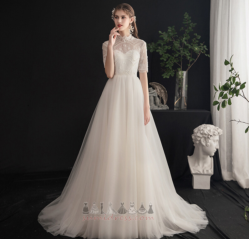 Baju pengantin Kereta Api Gereja Sederhana Tulle Lengan pendek Elegan Tingkat panjang