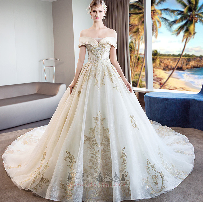 Baju pengantin Lengan yang dihadkan Satin Dari bahu Satu garisan Lengan pendek