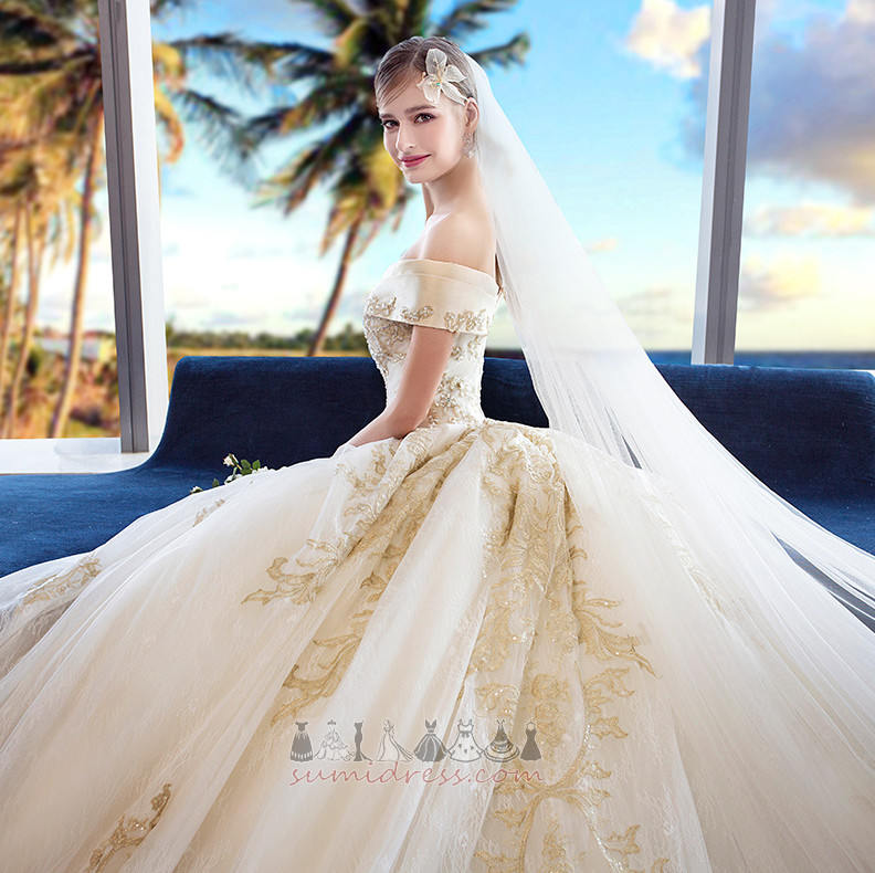 Baju pengantin Lengan yang dihadkan Satin Dari bahu Satu garisan Lengan pendek