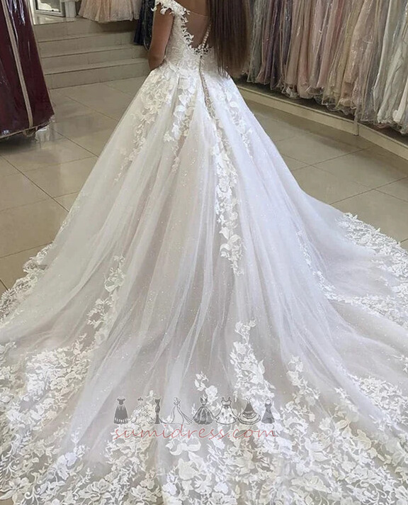 Baju pengantin Menyapu Kereta Api Gereja Renda Renda V-leher Lengan yang dihadkan
