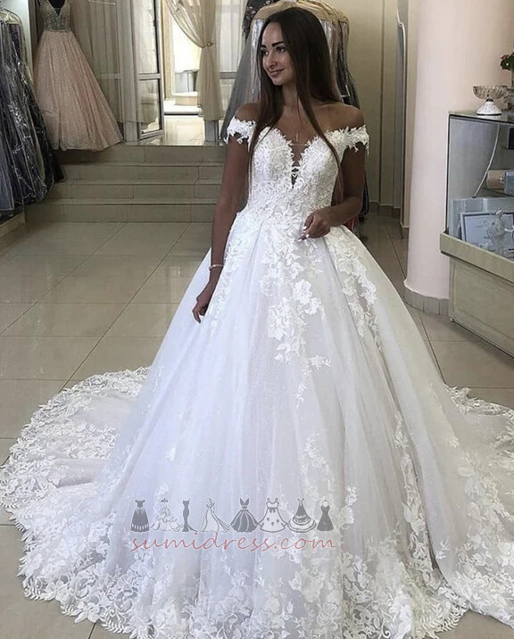 Baju pengantin Menyapu Kereta Api Gereja Renda Renda V-leher Lengan yang dihadkan