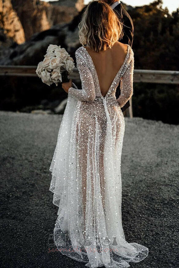 Baju pengantin Paillette Terdedah Satu garisan Kolam Romantik Sederhana