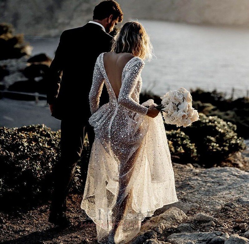 Baju pengantin Paillette Terdedah Satu garisan Kolam Romantik Sederhana