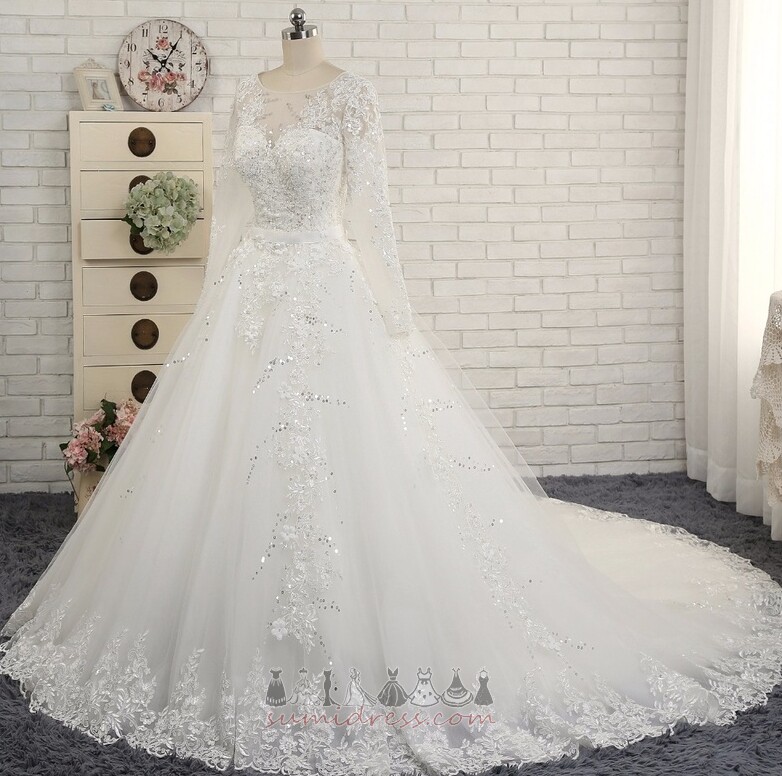 Baju pengantin Tulle Kolam Lengan panjang Pinggang semulajadi leher luas Rasmi