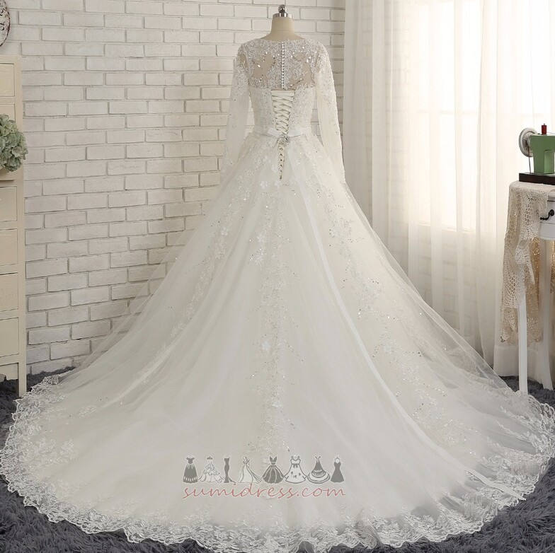 Baju pengantin Tulle Kolam Lengan panjang Pinggang semulajadi leher luas Rasmi