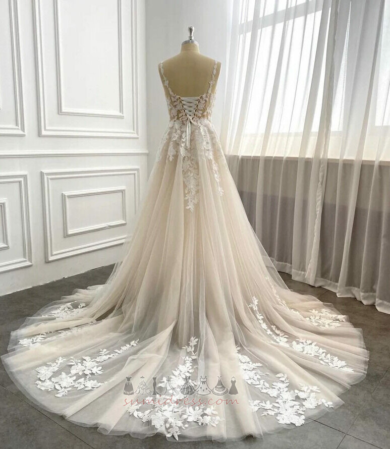 Baju pengantin V leher mendalam Satu garisan Menyapu Kereta Api Lama Segi tiga terbalik
