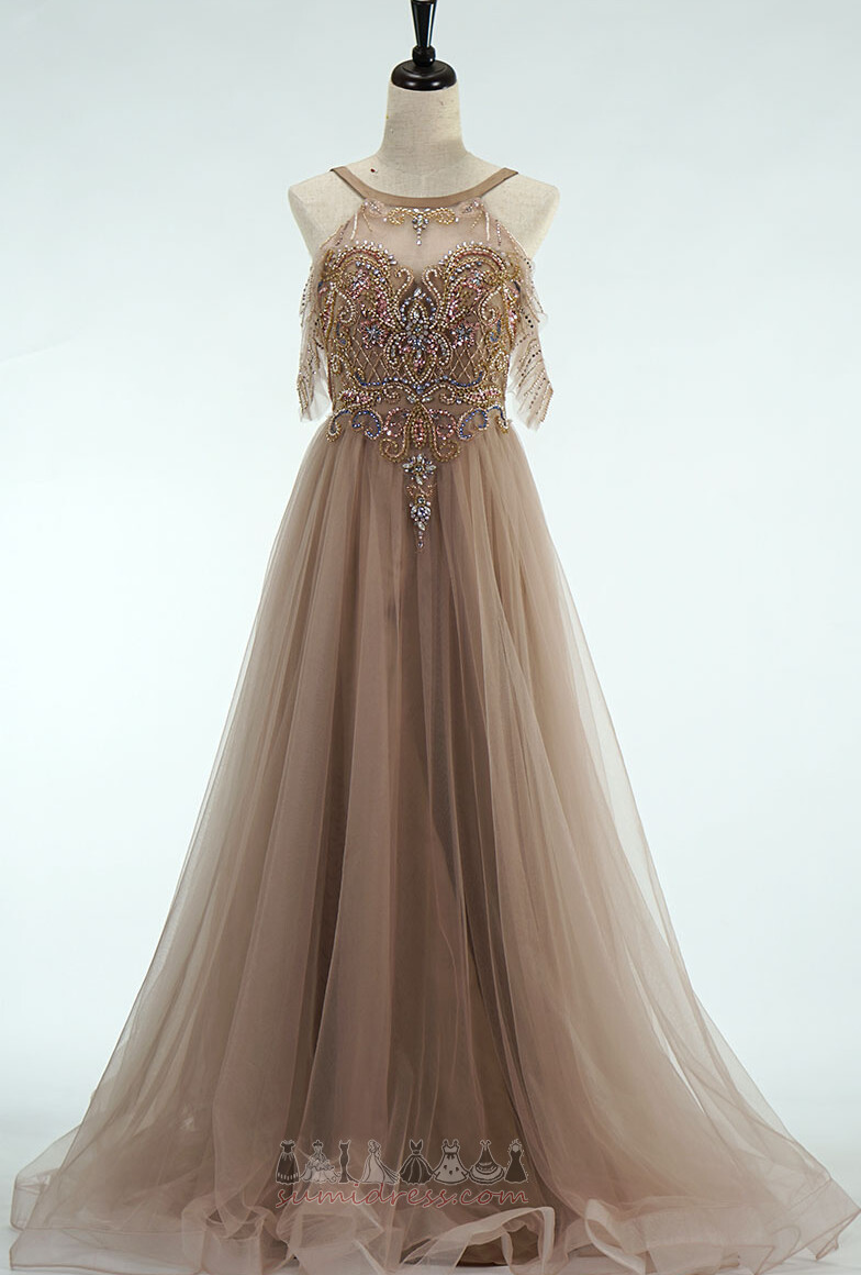 banquet Floor Length Beading Tulle Jewel A-Line Prom Dress