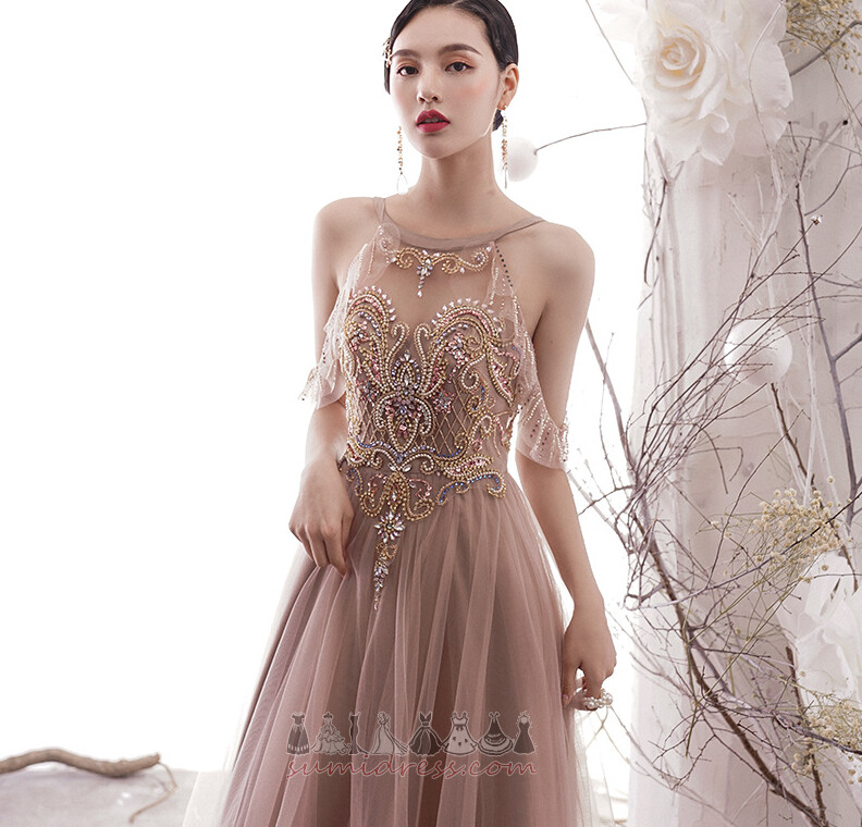 banquet Floor Length Beading Tulle Jewel A-Line Prom Dress