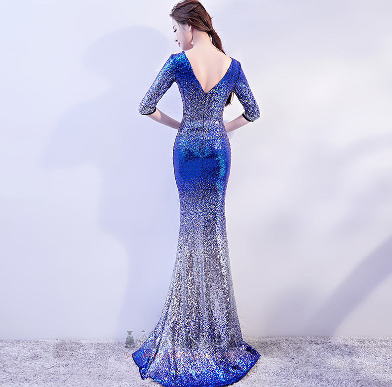Bateau Sequined Natural Waist 3/4 Length Sleeves T-shirt Elegant Prom Dress