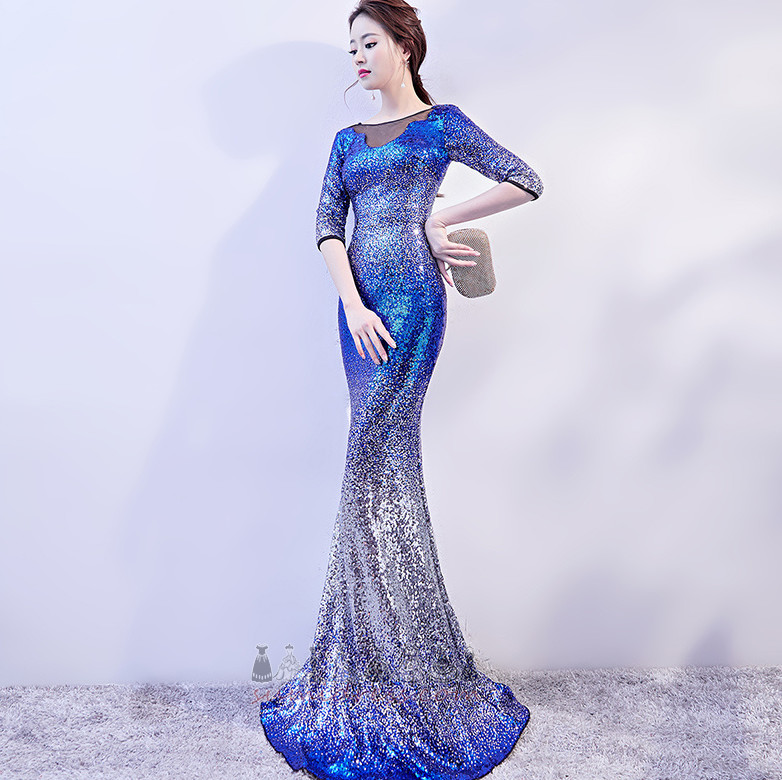Bateau Sequined Natural Waist 3/4 Length Sleeves T-shirt Elegant Prom Dress
