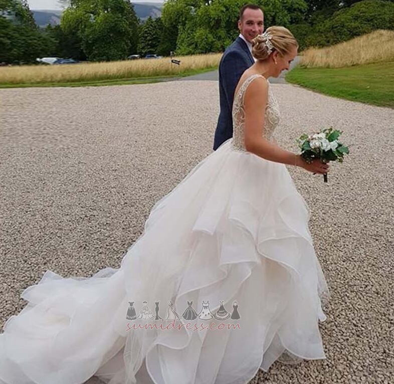 Bateau Zipper Up Jewel Bodice Tiered A-Line Organza Wedding Dress