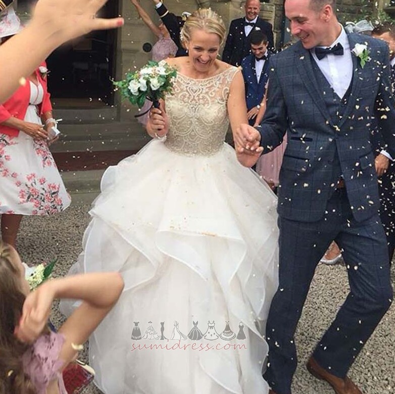 Bateau Zipper Up Jewel Bodice Tiered A-Line Organza Wedding Dress