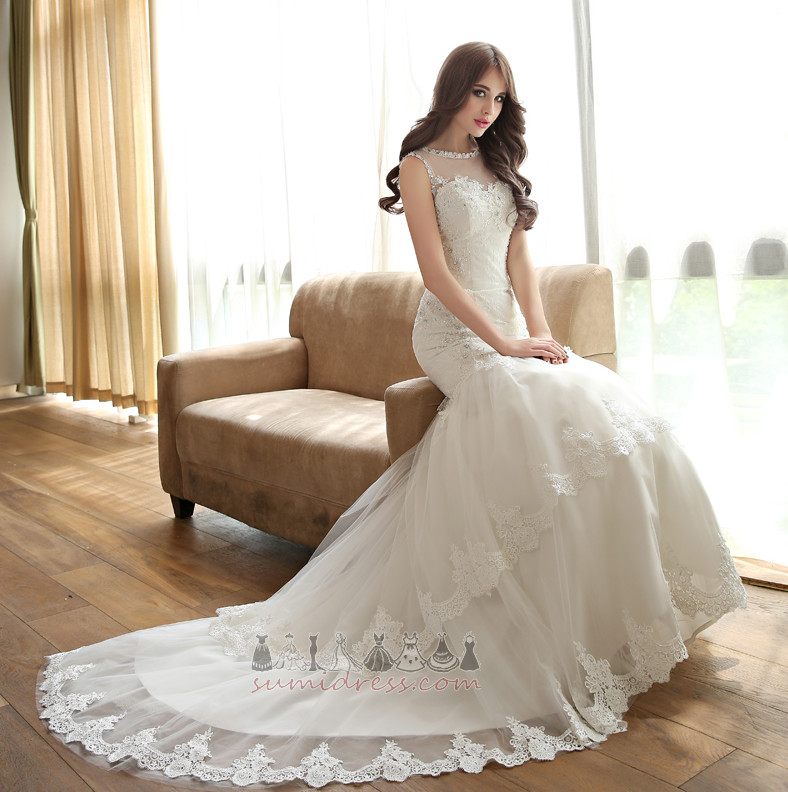 Бато формальний русалка безрукавний багатошарової мереживо Весільна сукня