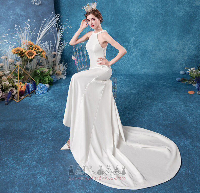 Beach Jewel Simple Sheer Back Long Sweep Train Wedding Dress