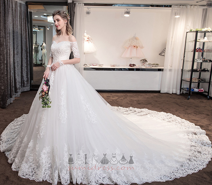 Beading Lace-up Lace Off Shoulder Long A-Line Wedding Dress