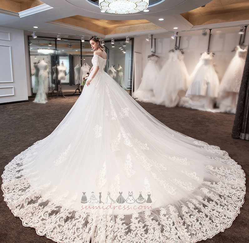 Beading Lace-up Lace Off Shoulder Long A-Line Wedding Dress