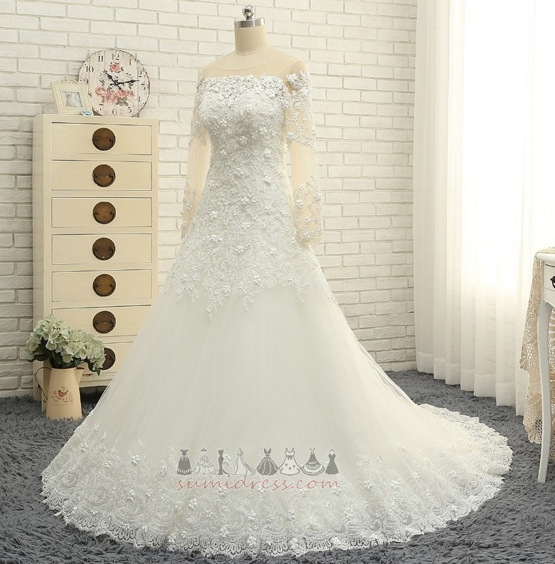 Beading Long Sleeves String Accented Rosette Elegant A-Line Wedding Dress