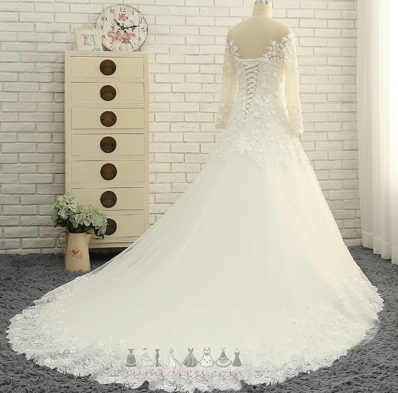 Beading Long Sleeves String Accented Rosette Elegant A-Line Wedding Dress