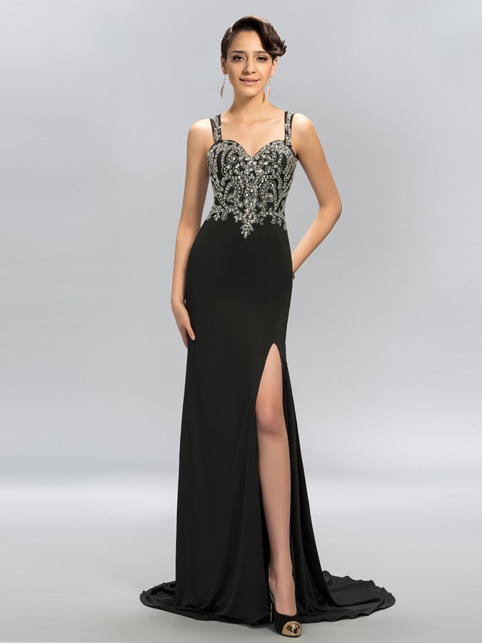 Beading Long Wide Straps Sheer Back Sea-maid Sexy Evening Dress
