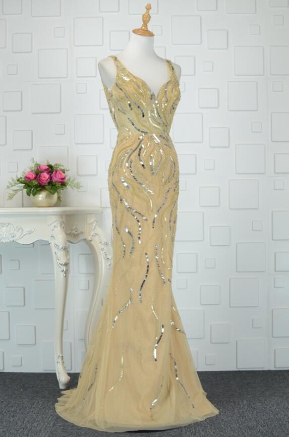 Beading Medium Floor Length V-Neck Sleeveless Mermaid Evening Dress