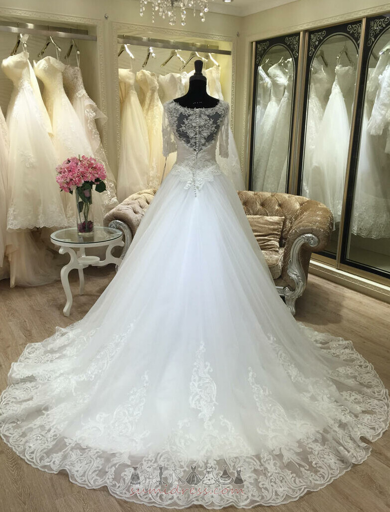 Beading Medium Satin Illusion Sleeves Church A-Line Wedding Dress