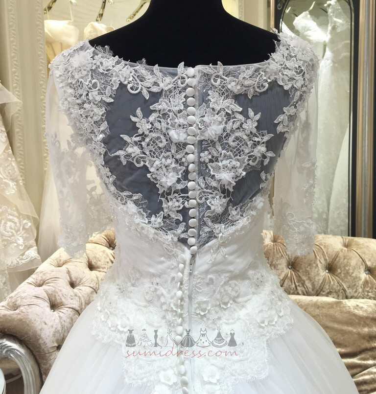 Beading Medium Satin Illusion Sleeves Church A-Line Wedding Dress