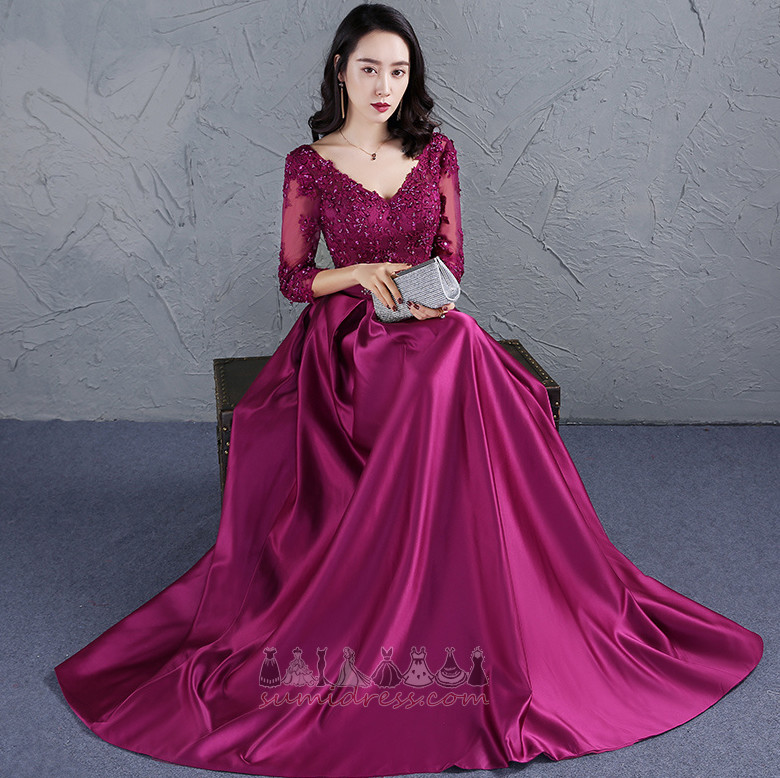 Beading Natural Waist Elegant 3/4 Length Sleeves Floor Length Evening Dress
