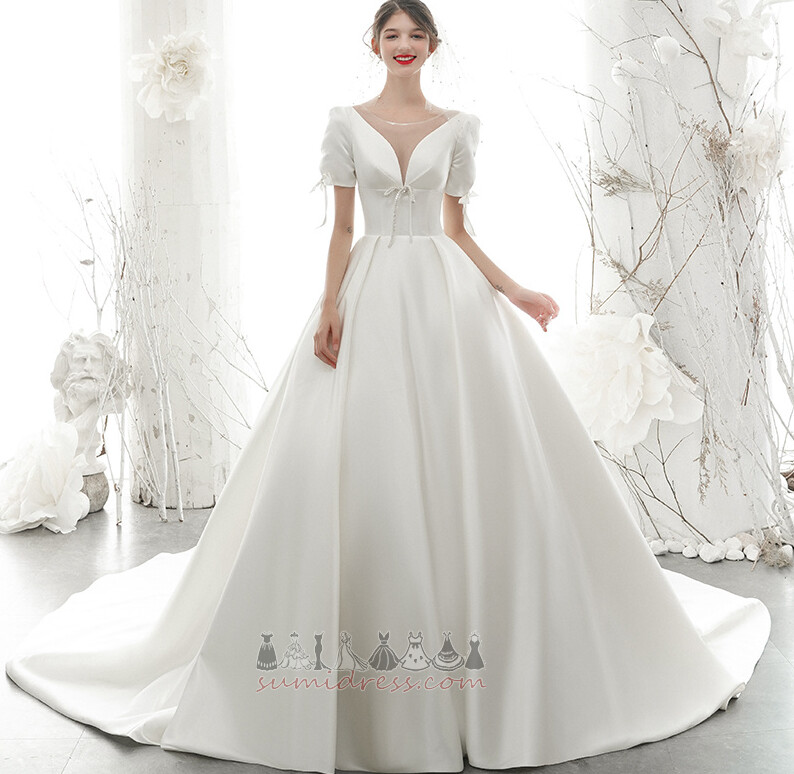 Beading Short Sleeves Lace-up V-Neck Hourglass Natural Waist Wedding Dress