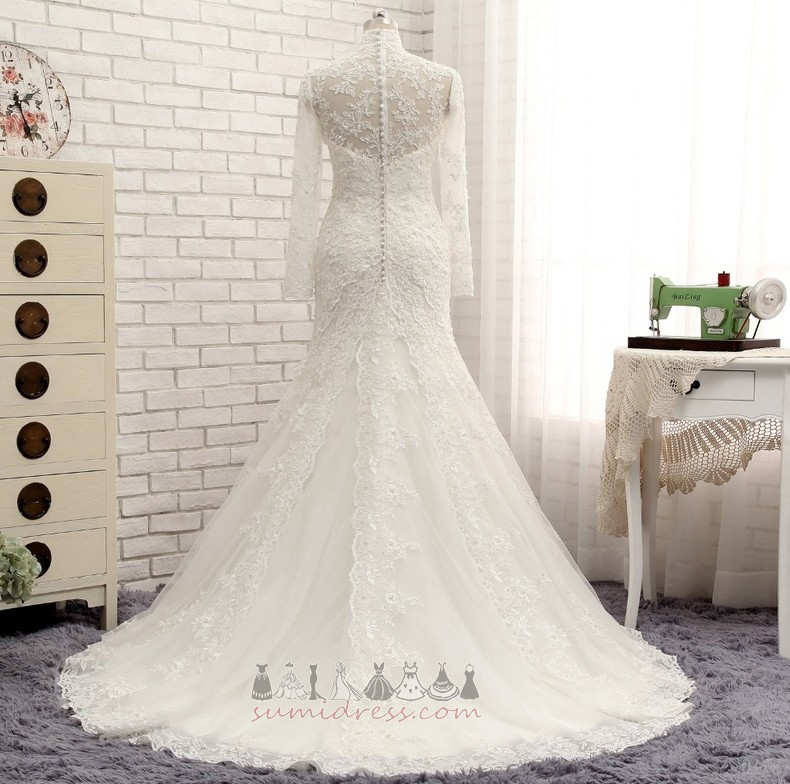 Beading T-shirt Zipper Up Floor Length Lace Overlay Long Sleeves Wedding gown