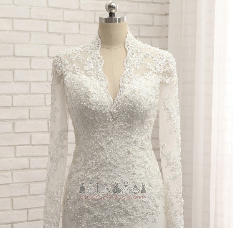 Beading T-shirt Zipper Up Floor Length Lace Overlay Long Sleeves Wedding gown