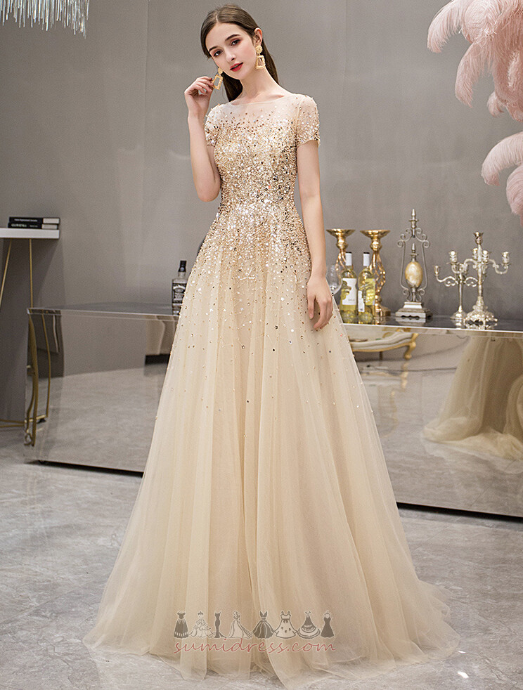 Beading Tulle banquet Long Sweep Train A-Line Evening Dress