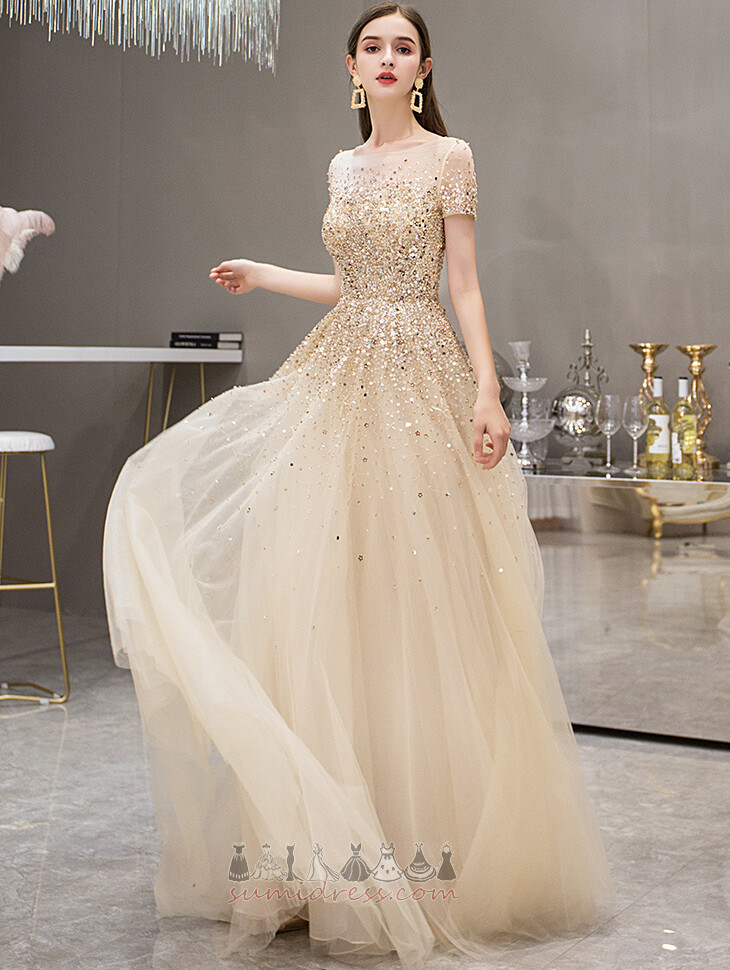 Beading Tulle banquet Long Sweep Train A-Line Evening Dress