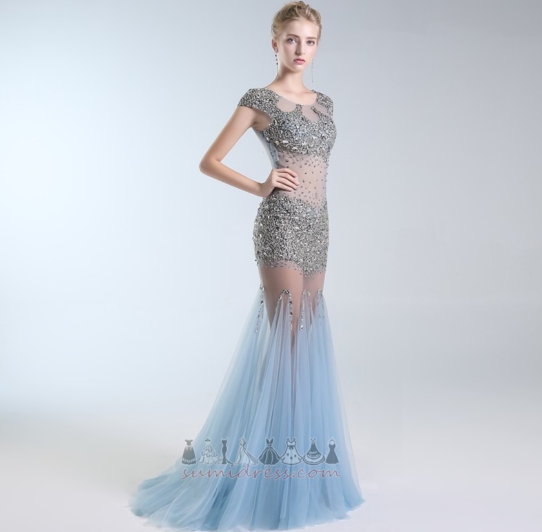 Beading Tulle Petite Short Sleeves Sweep Train Natural Waist Prom gown