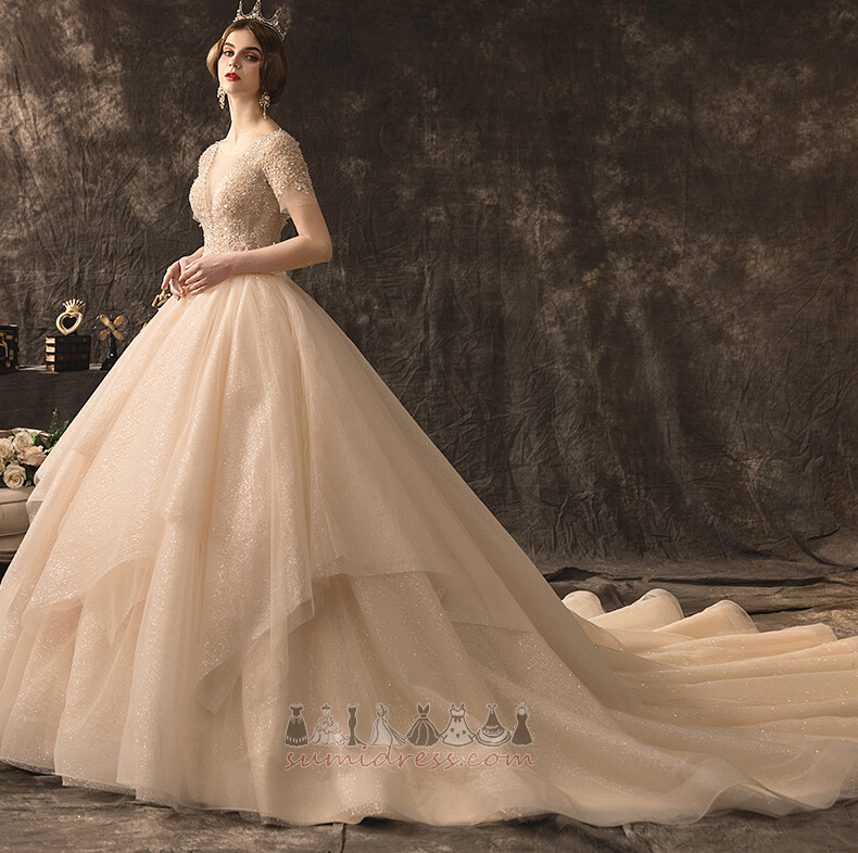 Beading V-Neck Tulle Overlay Tulle Lace-up Natural Waist Wedding Dress