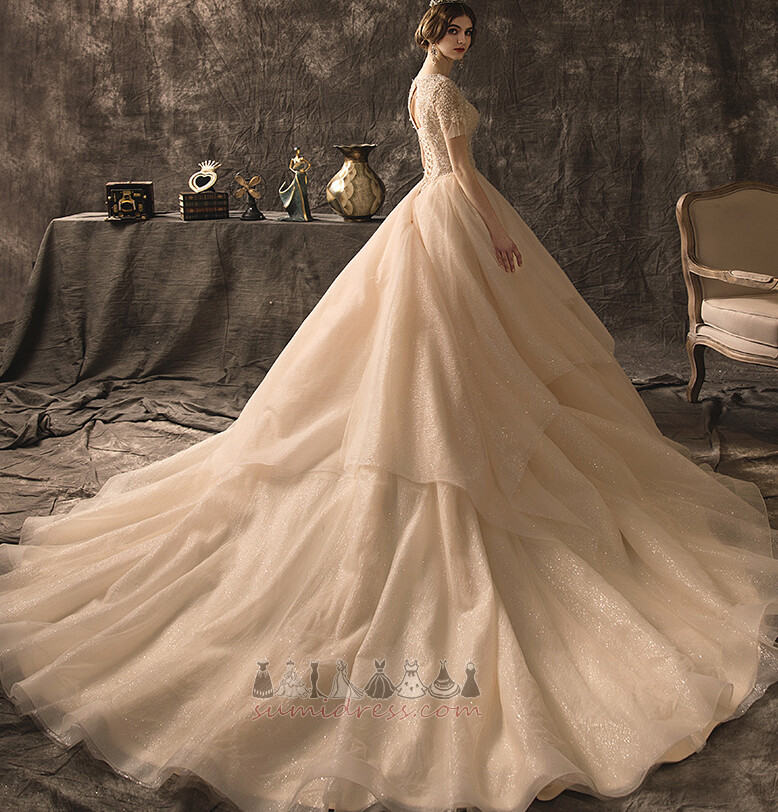 Beading V-Neck Tulle Overlay Tulle Lace-up Natural Waist Wedding Dress