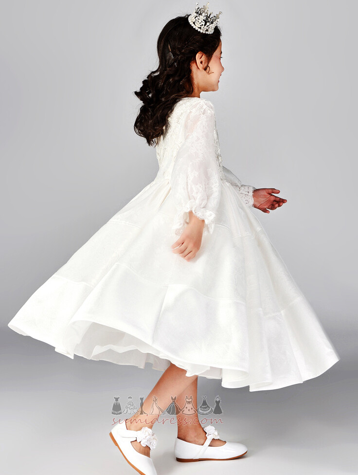 Bell Sleeves Lace Overlay Natural Waist Long Sleeves Zipper Up Lace Flower Girl Dress