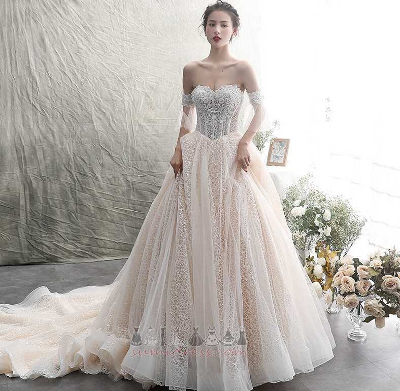 Binding Short Sleeves Monarch Train A-Line Medium Lace Wedding gown