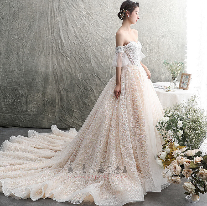 Binding Short Sleeves Monarch Train A-Line Medium Lace Wedding gown