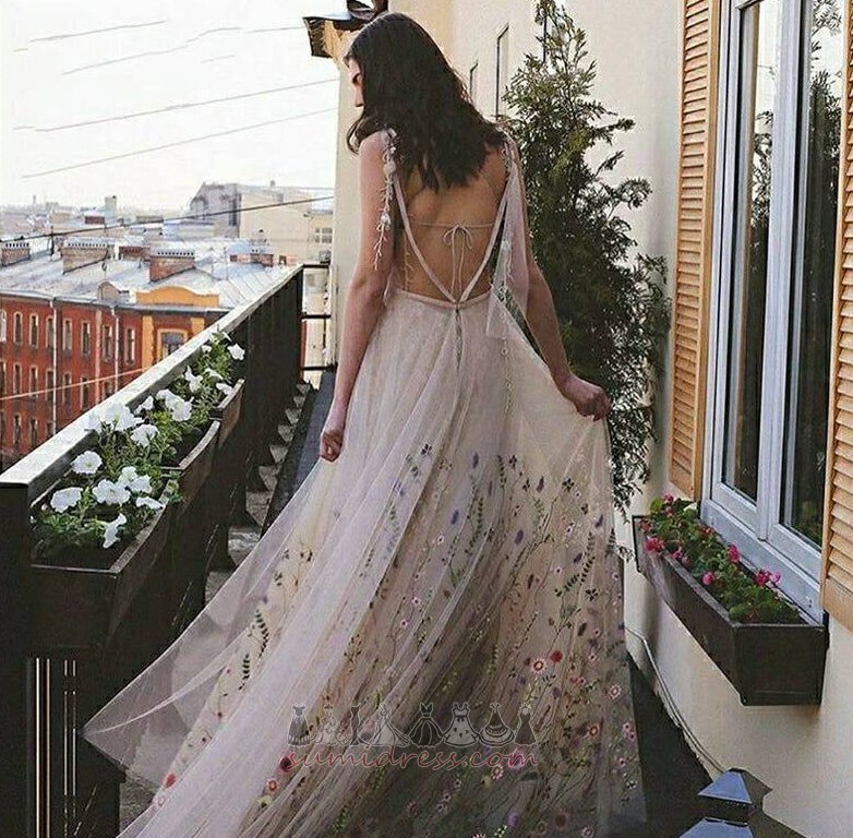 Bir çizgi Açık Ters üçgen Sırtı açık Tül Romantik Gelin elbise